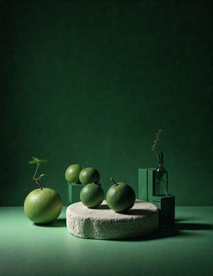 The primary subject of the image is a group of three green apples placed on a white pedestal. The setting is a green background, which creates a contrast with the apples. The visual style is a photo, capturing the apples and the pedestal in detail. The colors and mood of the image are predominantly green, with the apples being the main focus and the white pedestal providing a clean and minimalist contrast.
